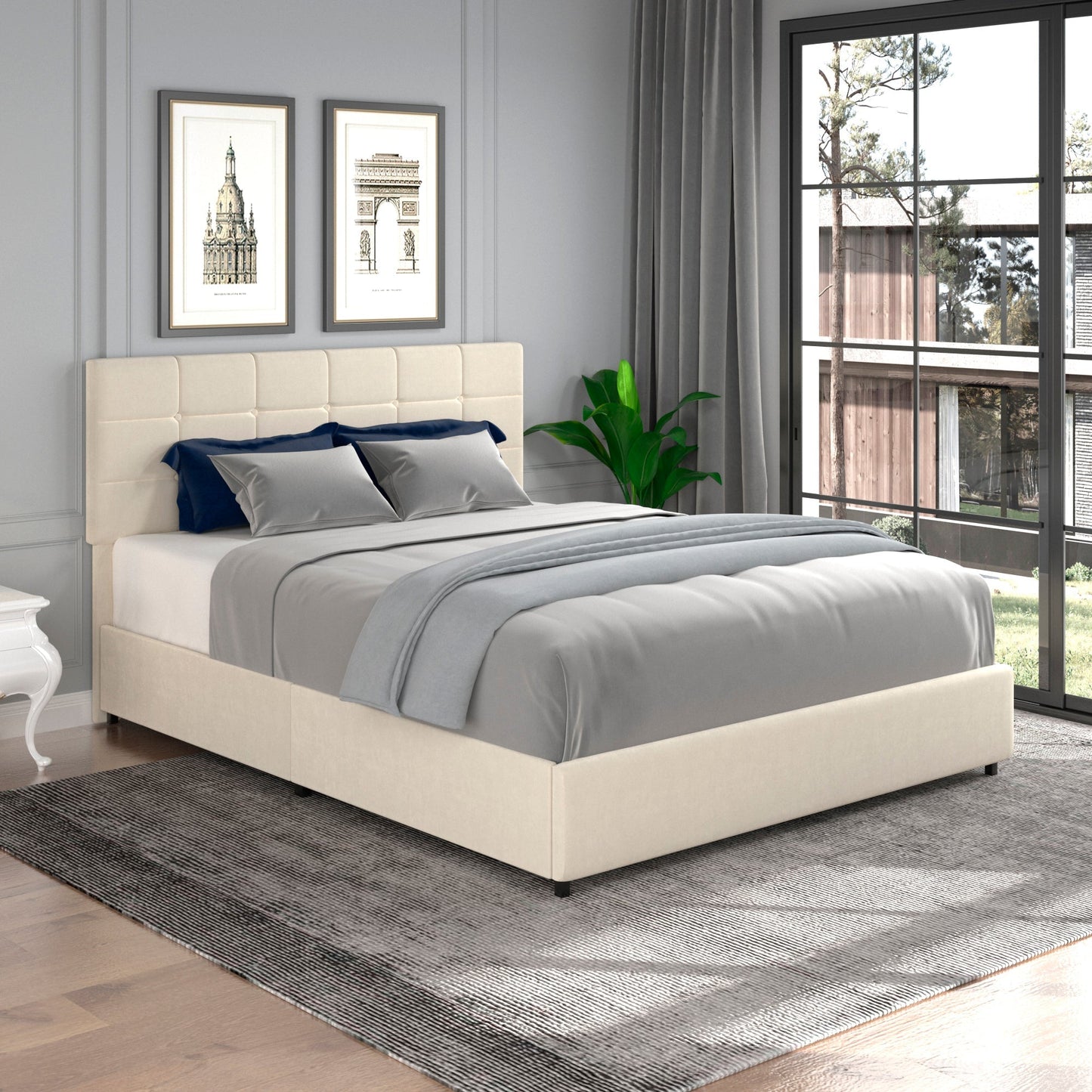 Vera Queen Size Ivory Velvet Upholstered Platform Bed