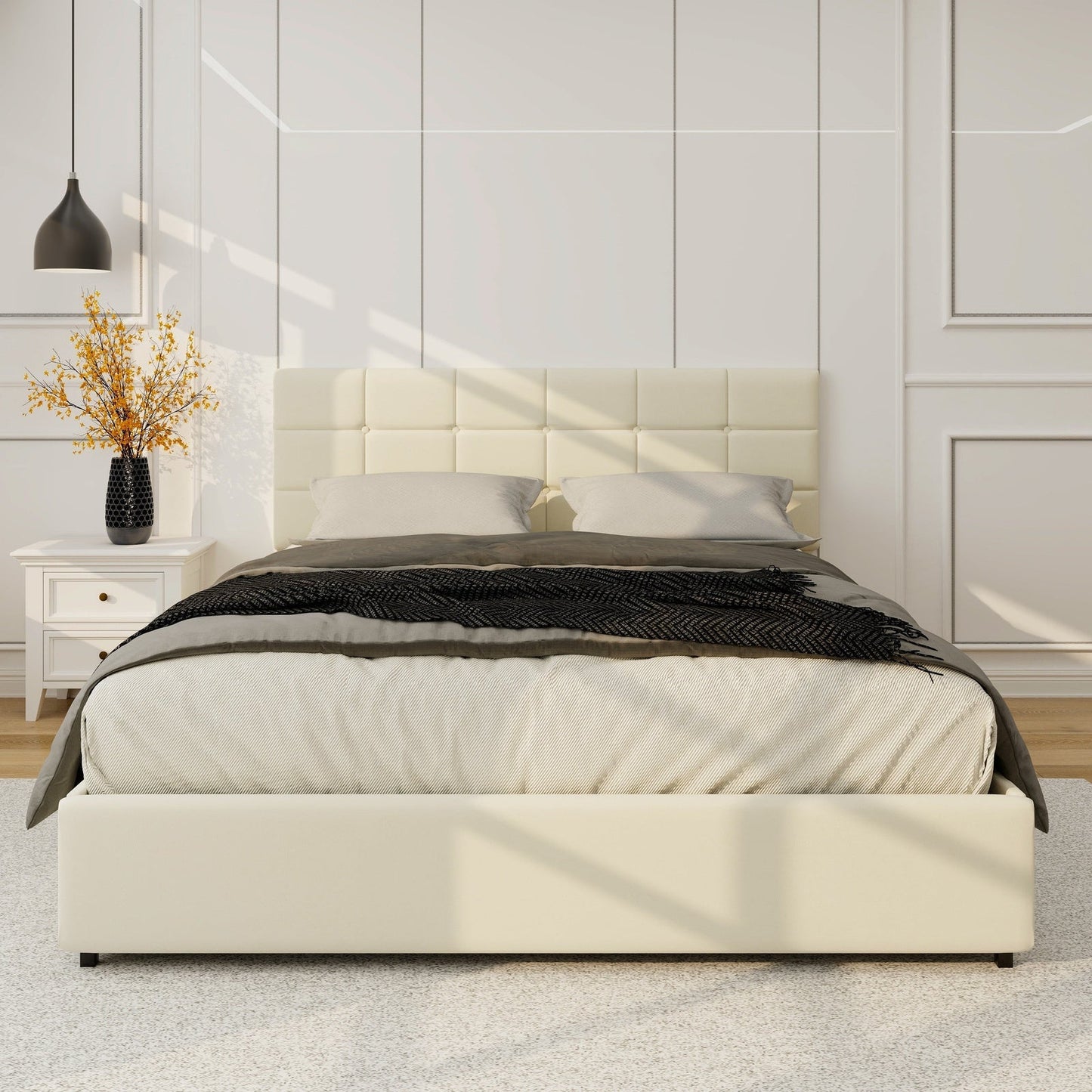 Vera Queen Size Ivory Velvet Upholstered Platform Bed