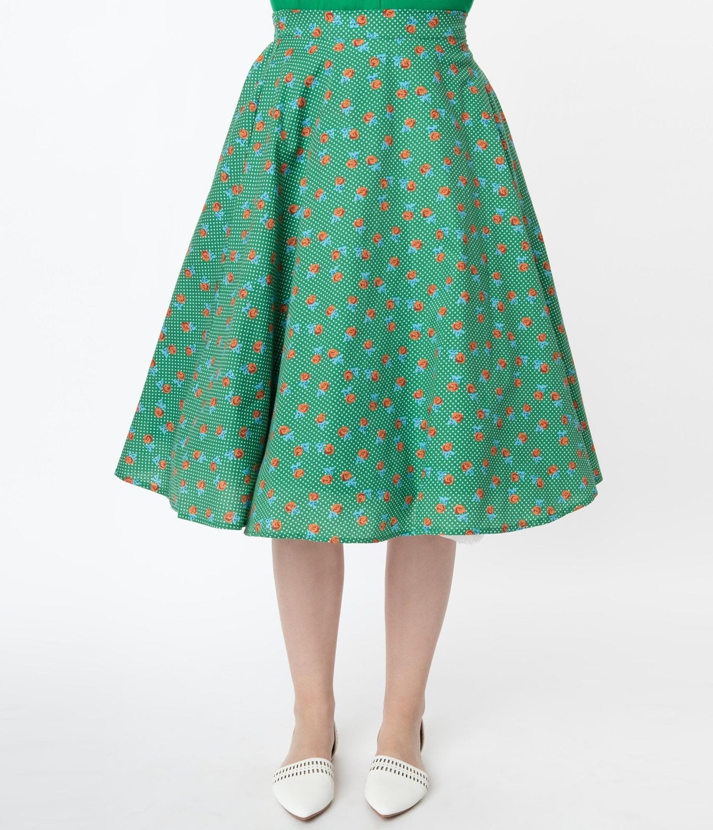 Vintage Style Green Dotted & Red Floral Swing Skirt
