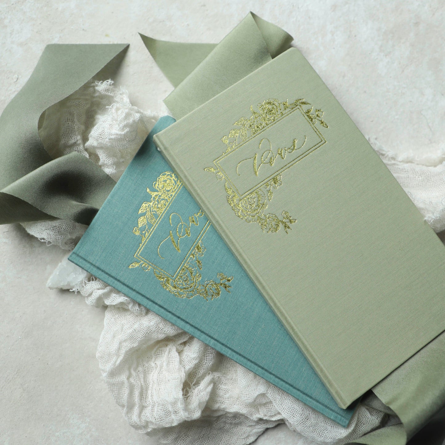 Wedding Vow Books with Gold Foil Press in Linen Cover-Pair of 2 / Ocean Blue + Olive Green