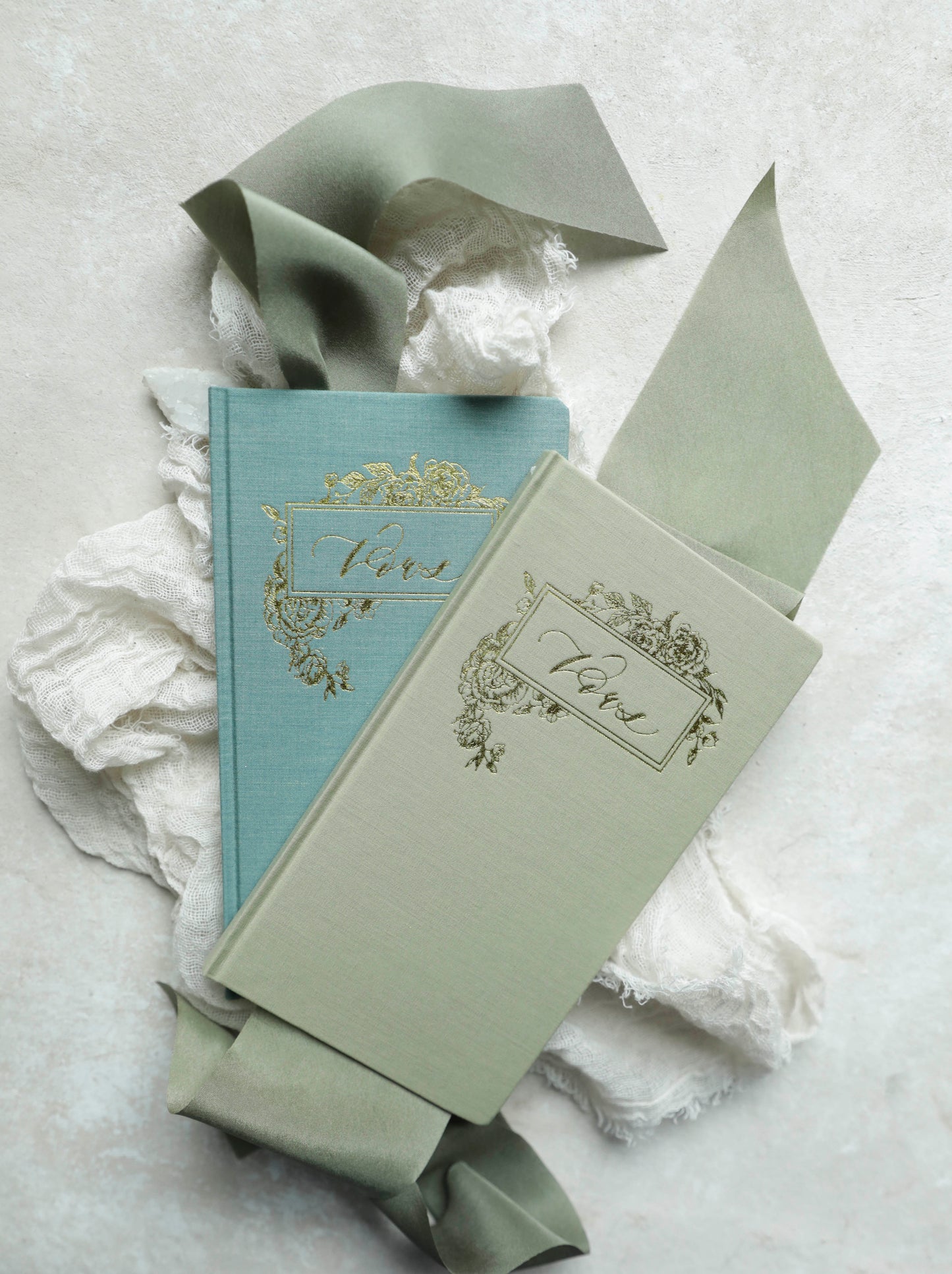 Wedding Vow Books with Gold Foil Press in Linen Cover-Pair of 2 / Ocean Blue + Olive Green