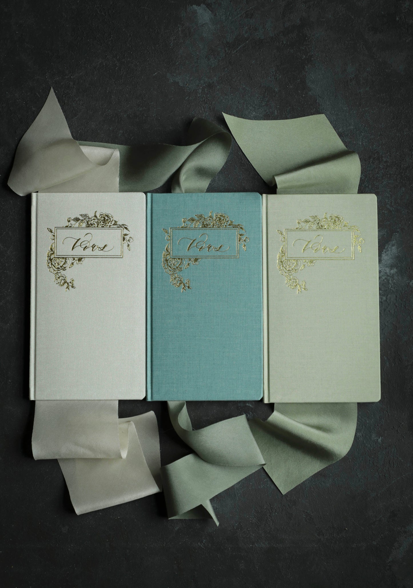Wedding Vow Books with Gold Foil Press in Linen Cover-Pair of 2 / Ocean Blue + Olive Green