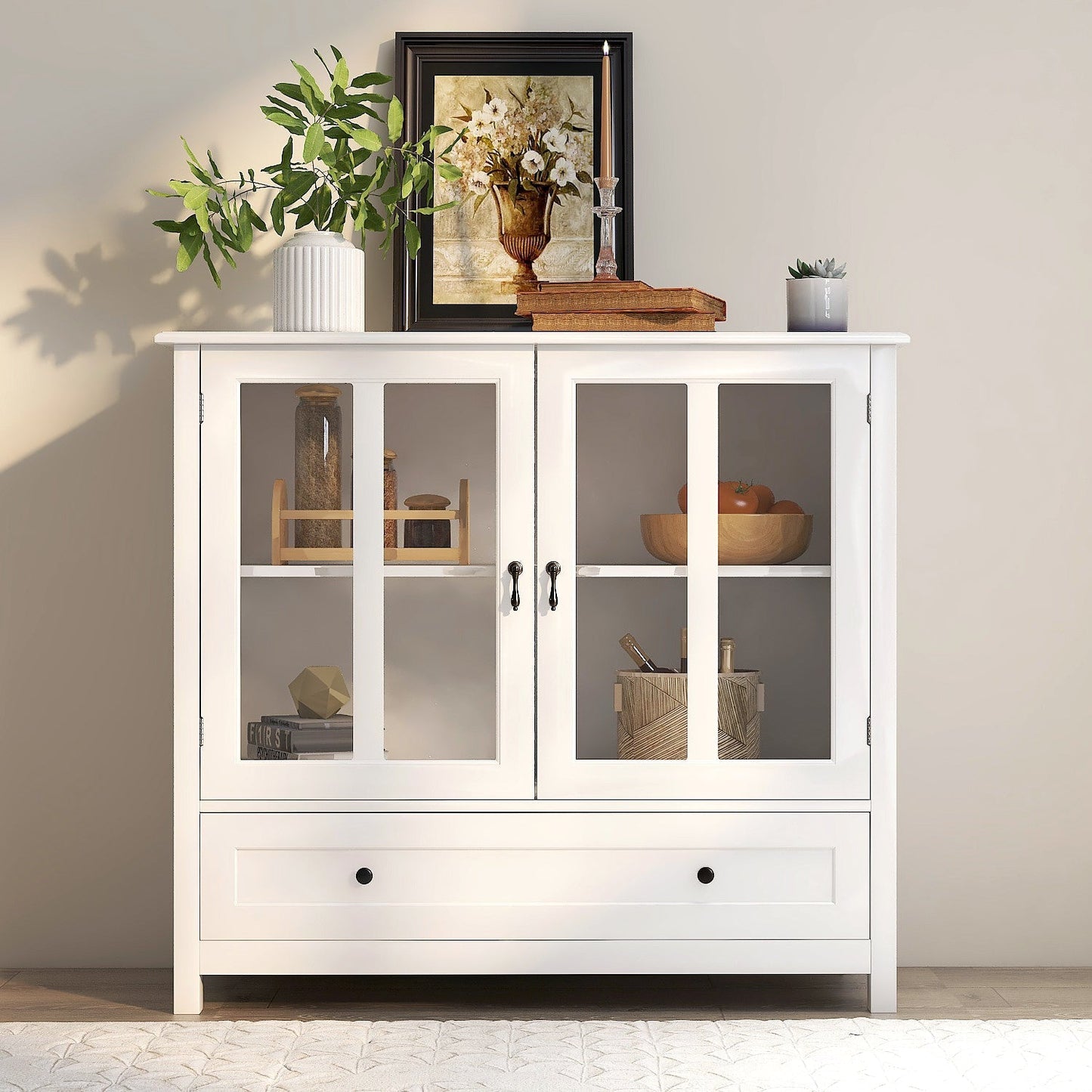 Whimsical Buffet Cabinet with Double Glass Doors and Unique Bell Handle