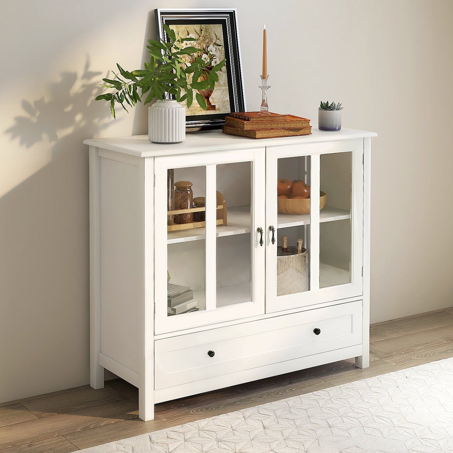 Whimsical Buffet Cabinet with Double Glass Doors and Unique Bell Handle