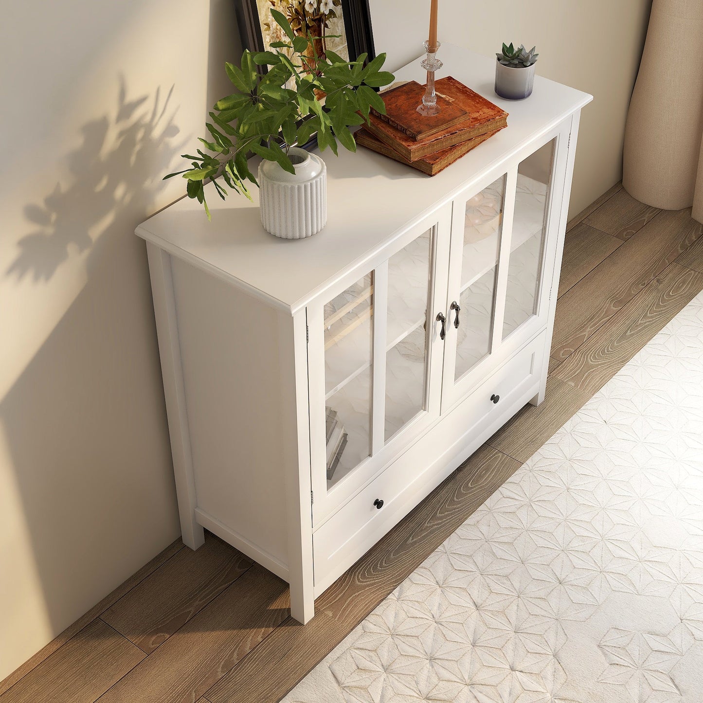 Whimsical Buffet Cabinet with Double Glass Doors and Unique Bell Handle