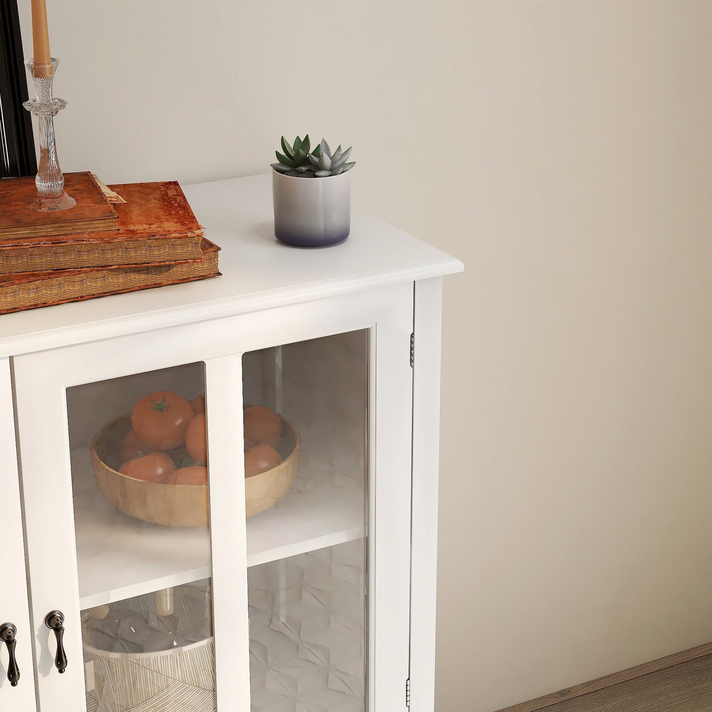 Whimsical Buffet Cabinet with Double Glass Doors and Unique Bell Handle