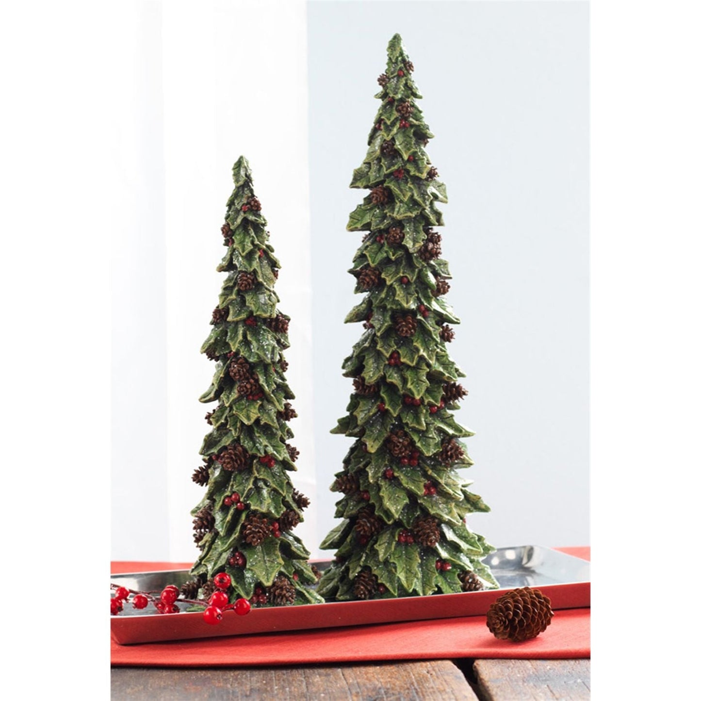 Holly Leaf Holiday Trees with Pinecone Accents, Set of 2