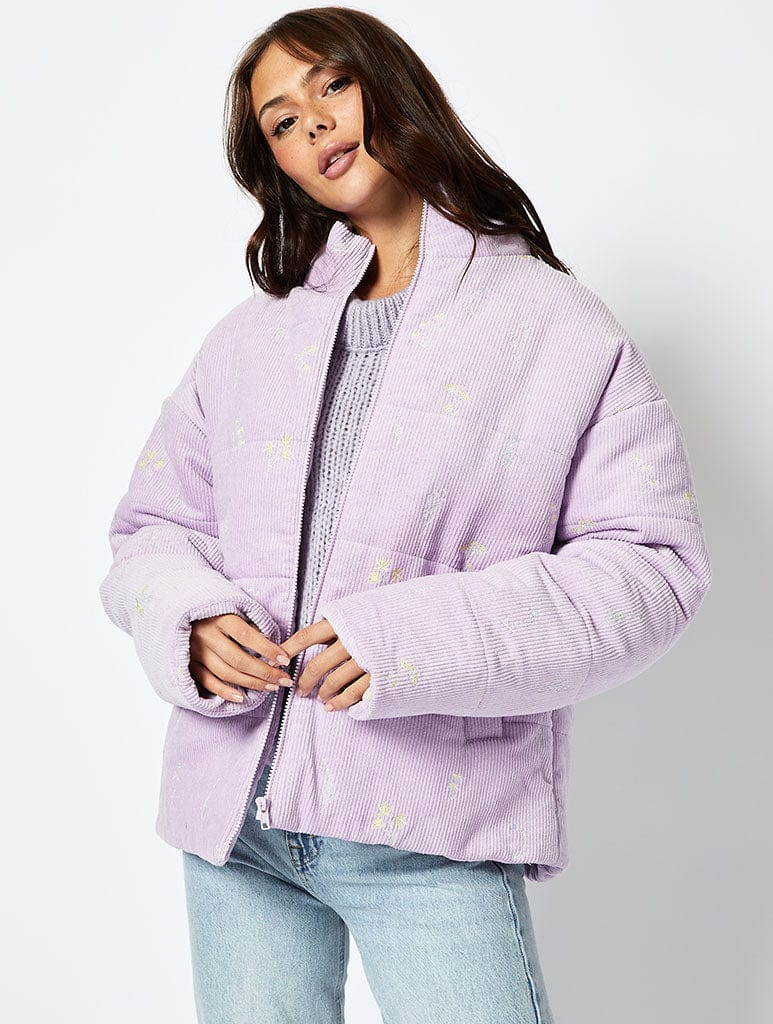 Wildflower Cord Puffer Jacket in Lilac