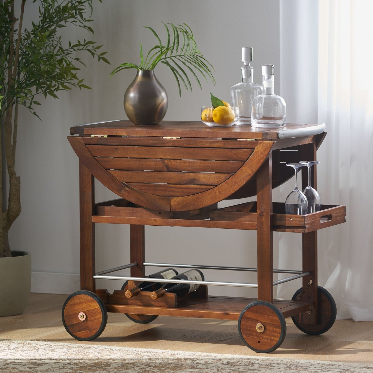 Wood and Aluminum Bar Cart with Two Shelves
