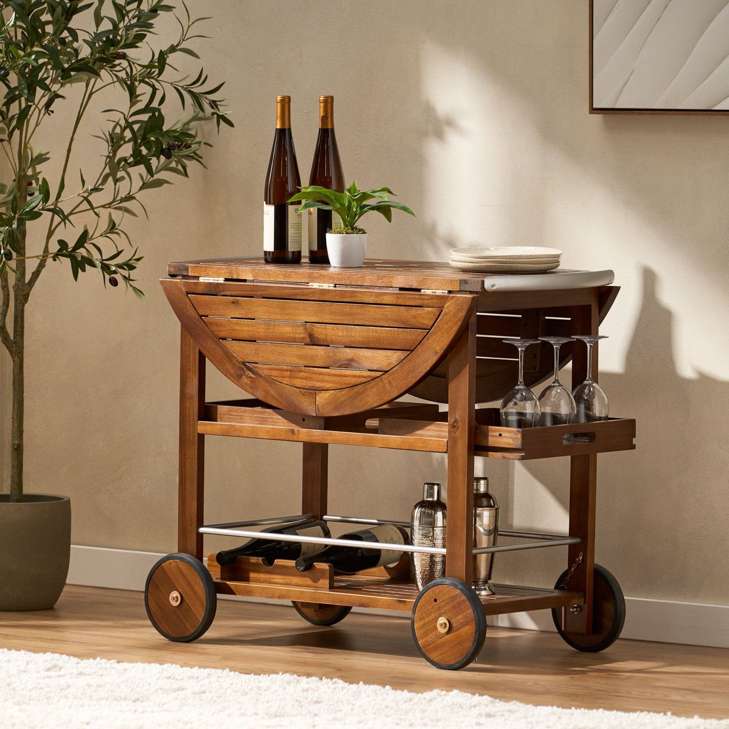 Wood and Aluminum Bar Cart with Two Shelves