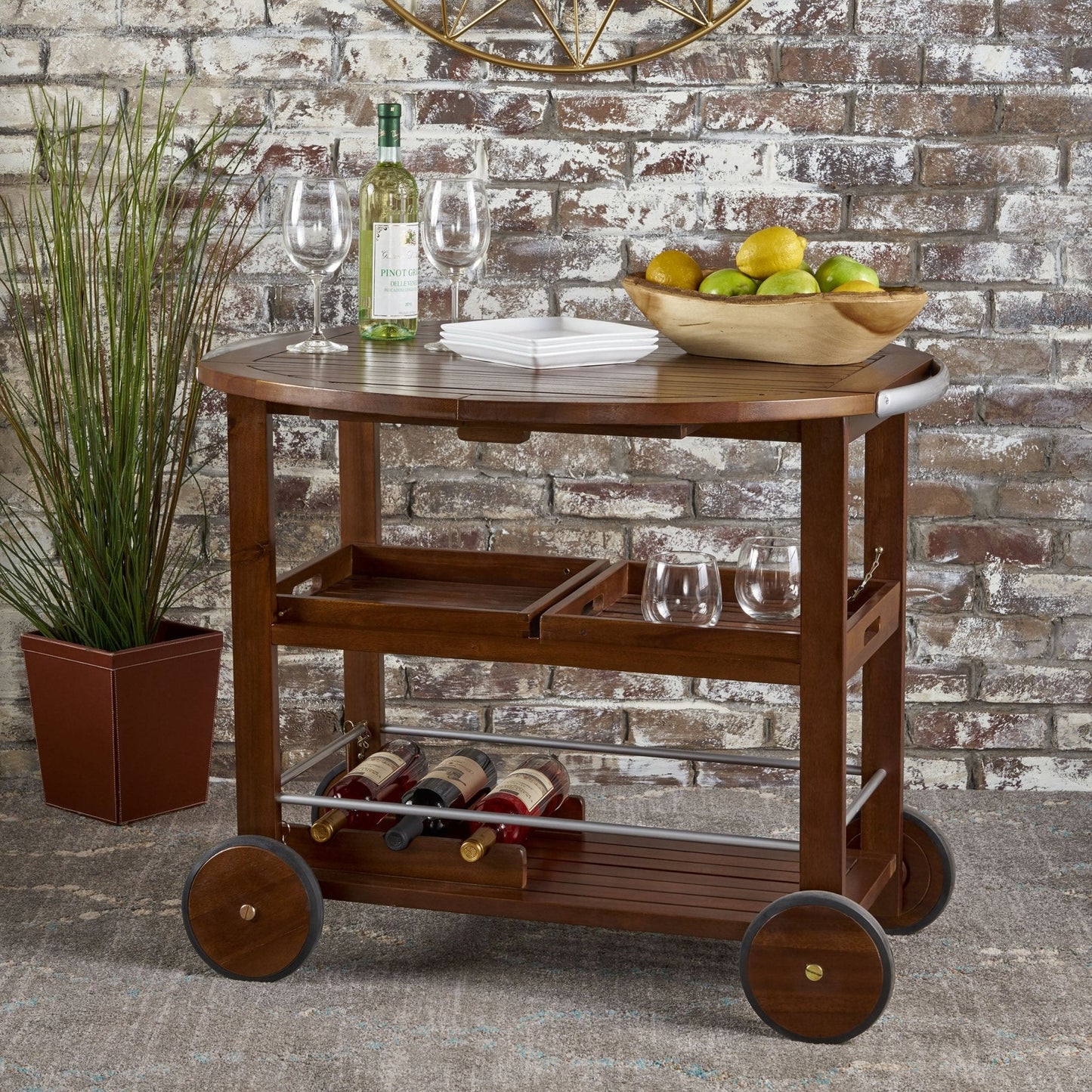 Wood and Aluminum Bar Cart with Two Shelves