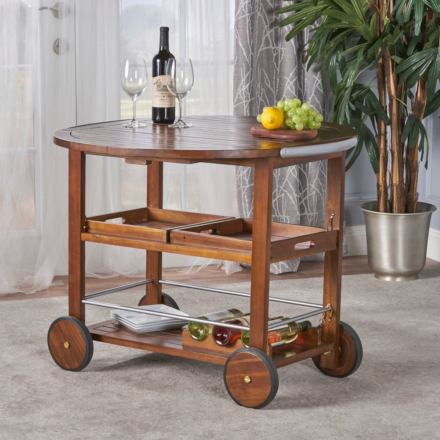 Wood and Aluminum Bar Cart with Two Shelves