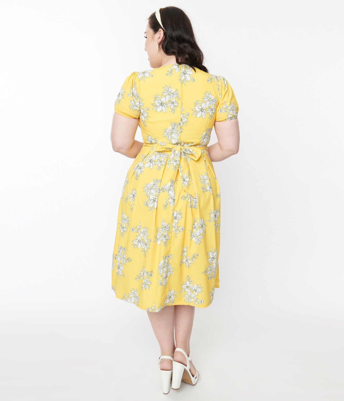 Yellow & White Floral Surplice Swing Dress