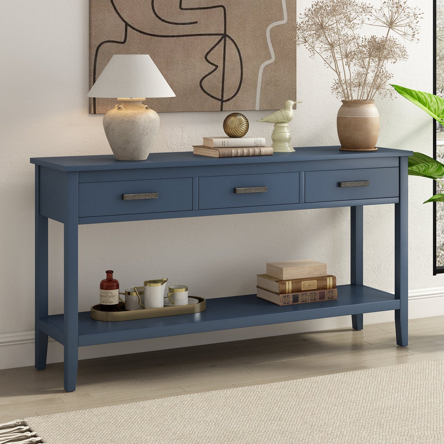 Zephyr Contemporary Blue 2 Tier Console Table with 3 Storage Drawers