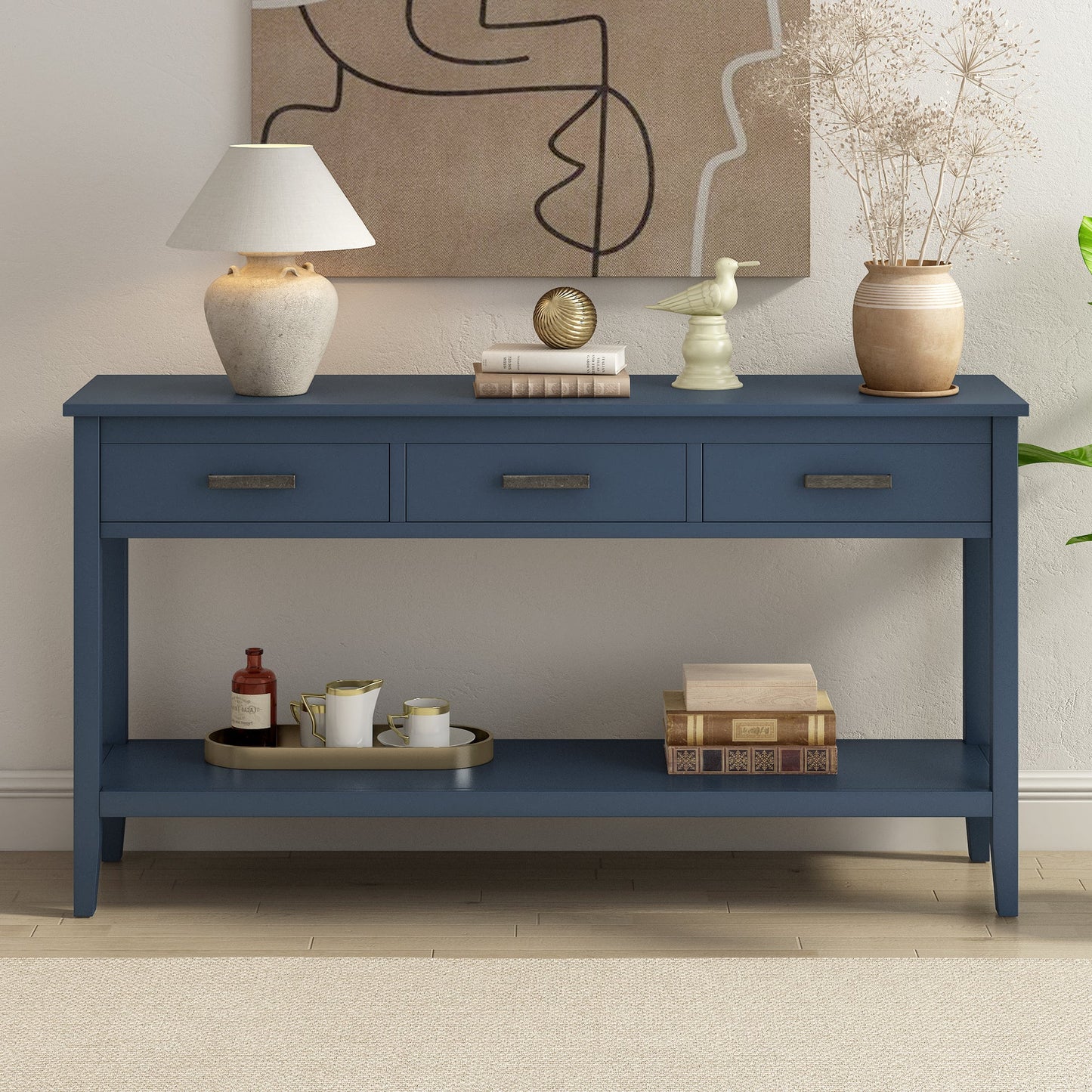 Zephyr Contemporary Blue 2 Tier Console Table with 3 Storage Drawers